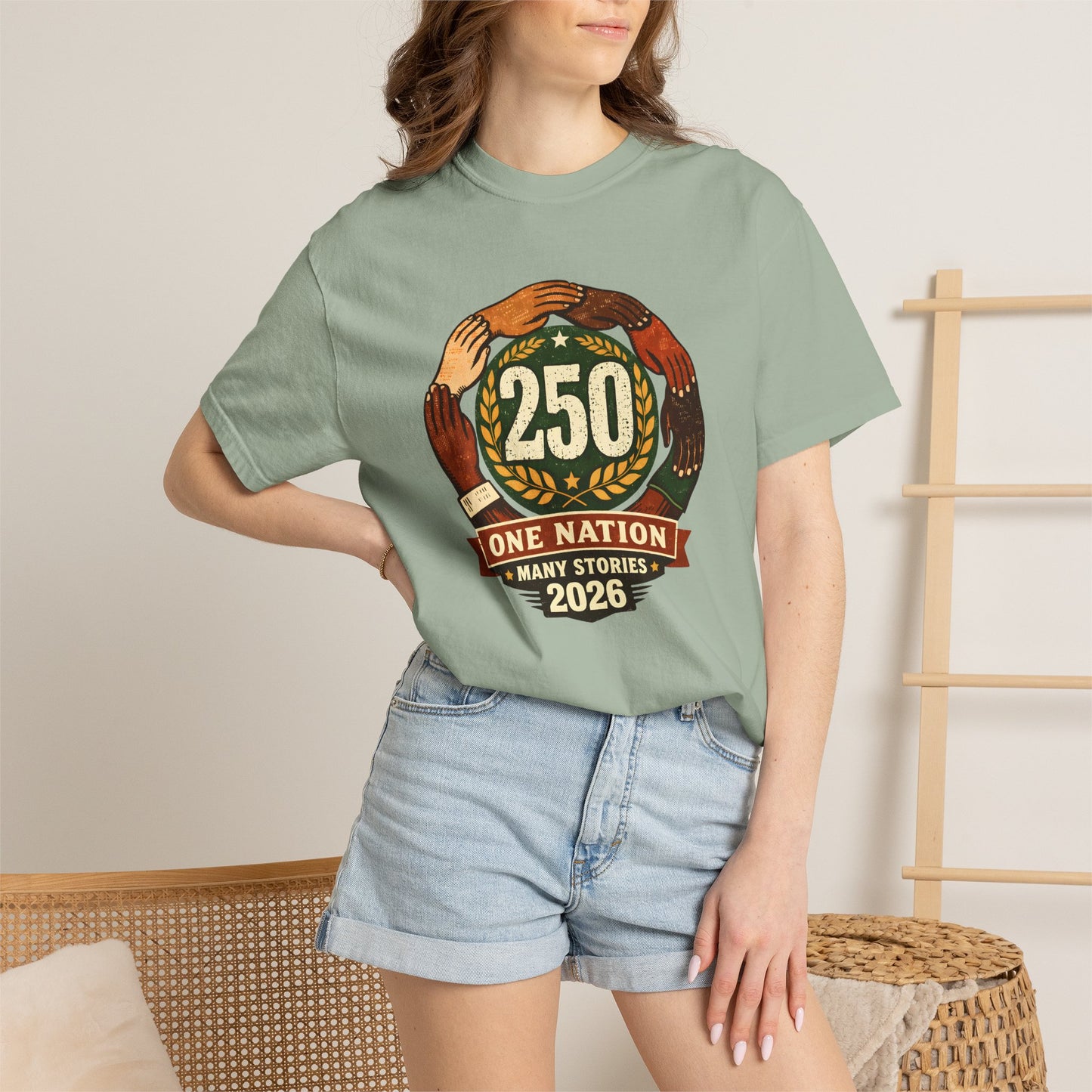 250 Year Anniversary | One Nation Many Stories 2026 T-Shirt | Unity Hands Emblem
