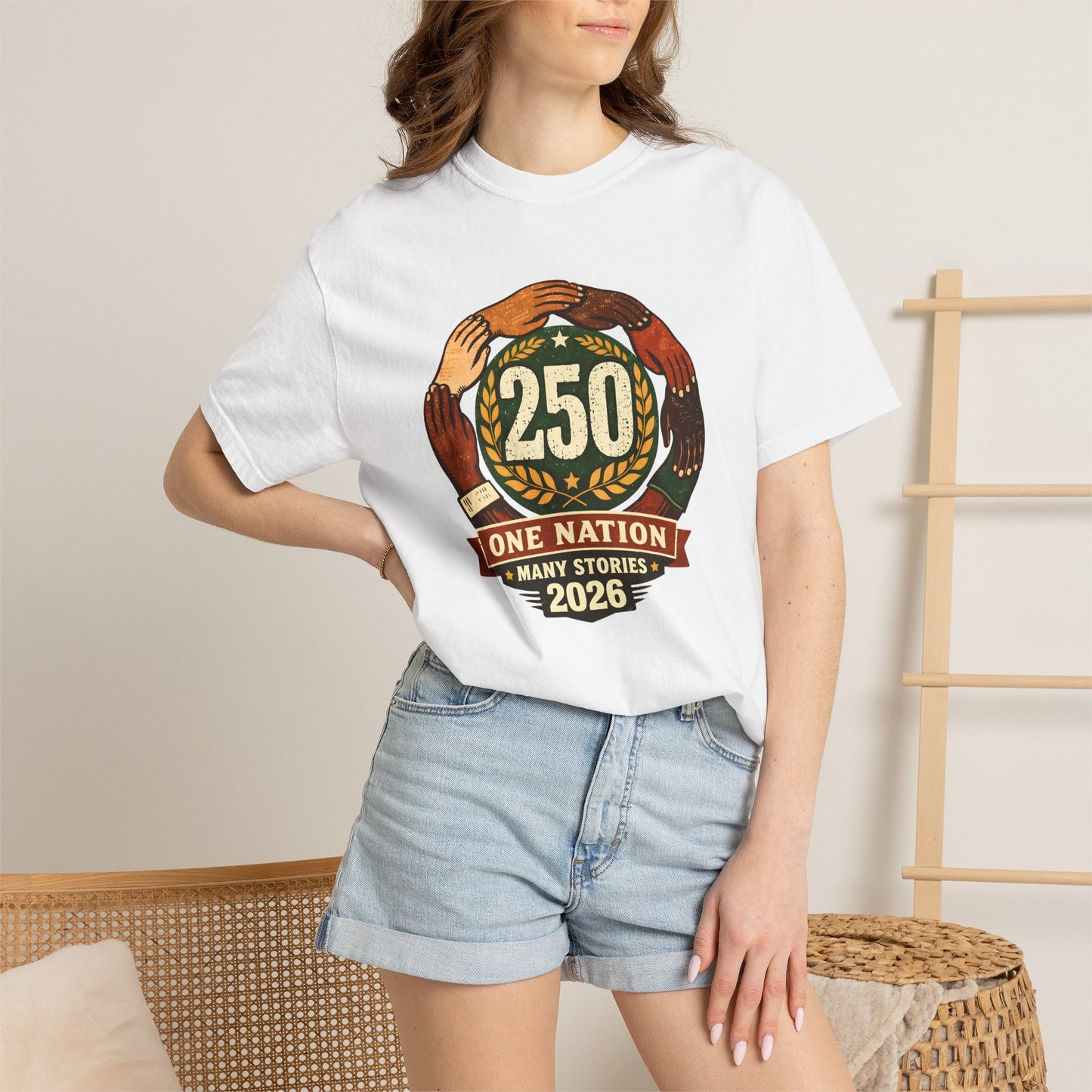 250 Year Anniversary | One Nation Many Stories 2026 T-Shirt | Unity Hands Emblem