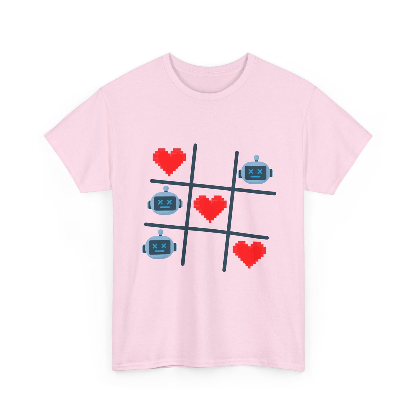 Tic Tac Toe Robots vs Hearts T-Shirt | AI Love Game Pixel Art Geek Tee | Gift for Gamer Nerd Couple Valentines | Tech Romance Humor Shirt