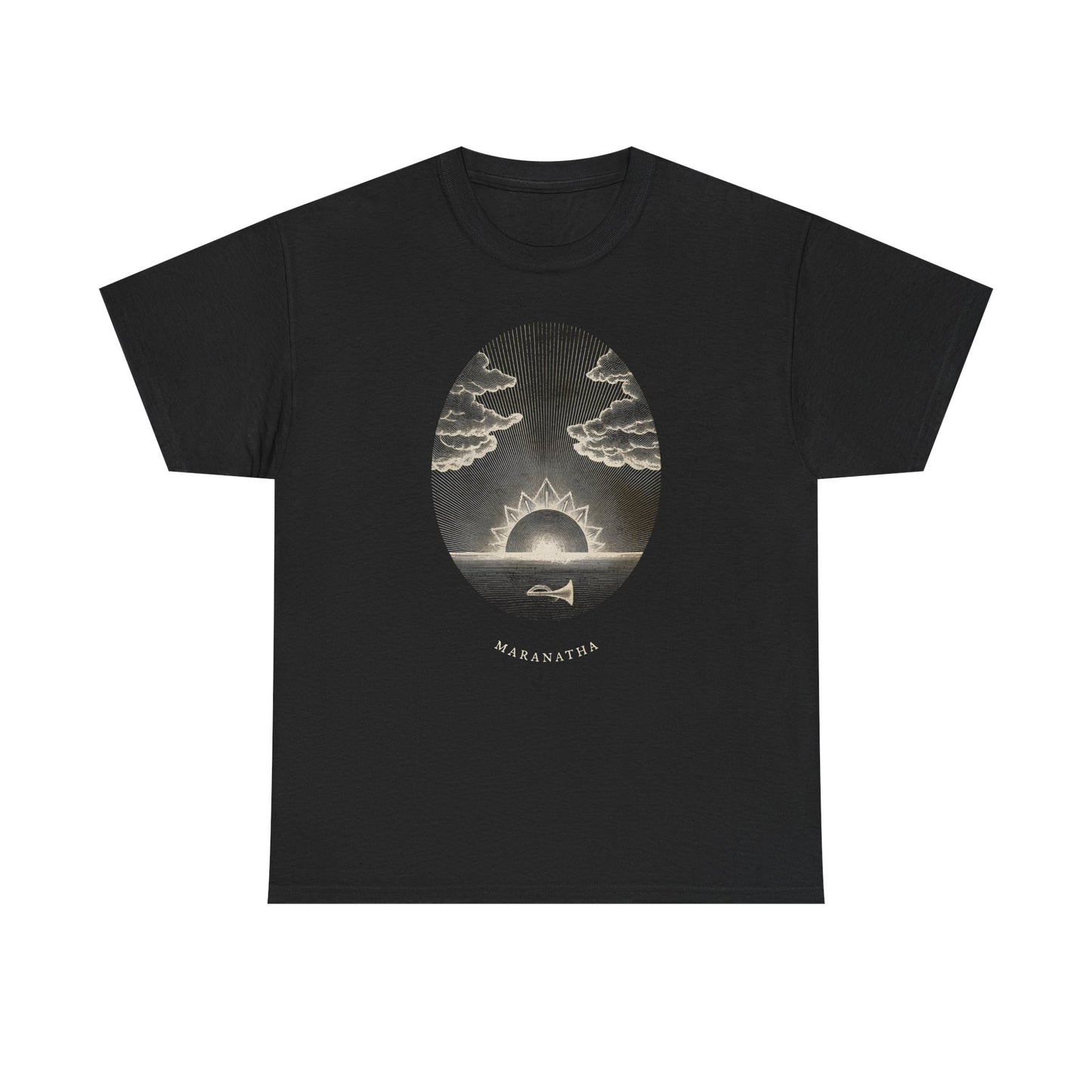Sunrise Oval Graphic Tee — "Maranatha" Vintage Sunset T-Shirt