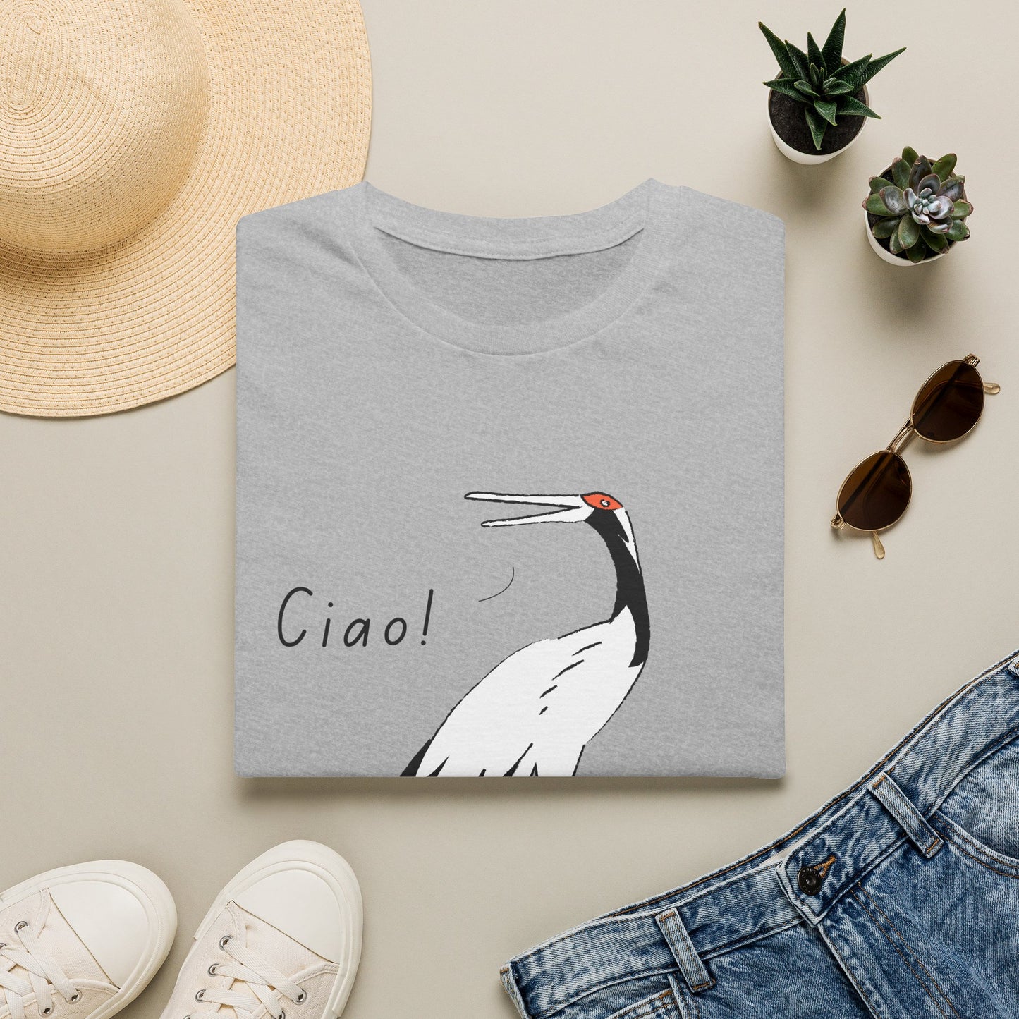 Ciao Crane T-Shirt | Minimalist Line Art Stork Bird Illustration | Italian Goodbye Gift| Bird Lover Nature Art | Simple Elegant Wildlife Tee